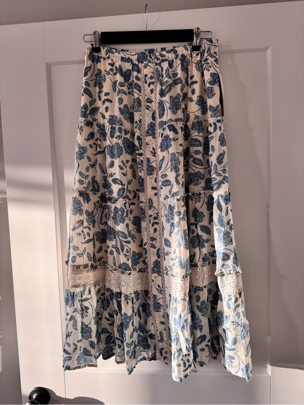 Nannette Blue Floral Cream Tiered Maxi Skirt
